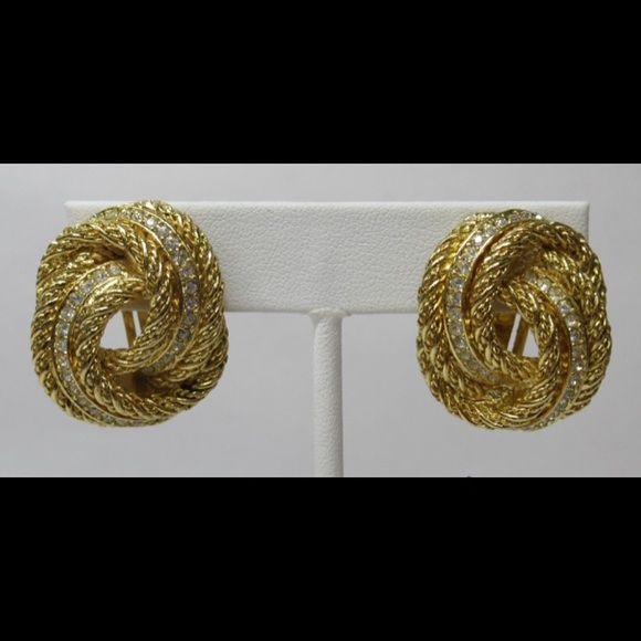 CHRISTIAN DIOR Signed Vintage Gold Tone Crystal Knot Clip-On Earrings - Picture 11 of 14